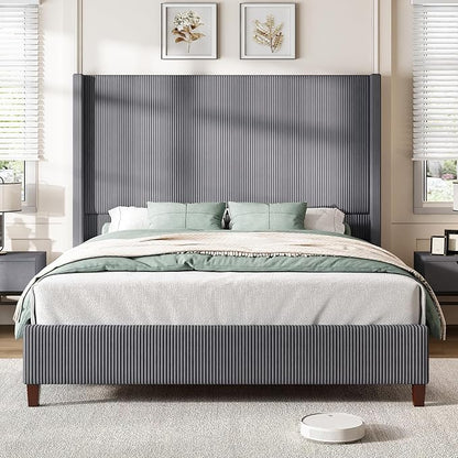 AMERLIFE Queen Size 62" Corduroy Upholstered Bed Frame, Luxurious Platform Bed with Extra Tall Wingback Headboard and Vertical Stripe, No Box Spring Needed/Solid Wood Slats & Legs/Gray