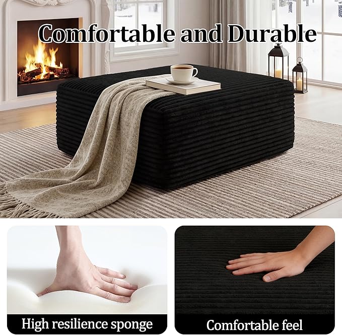 Corduroy Ottoman, Modern Boneless Cloud Foot Rest Foam Support, Oversized Modular Sectional Sofa Stool for Living Room, Bedroom & Small Spaces, No Assembly Required (Black, Ottoman)