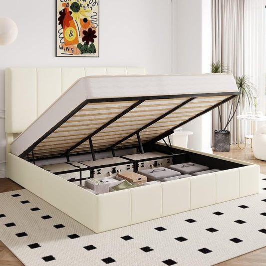 Allewie King Size Velvet Lift Up Storage Bed Frame, Vertical Channel Tufted Headboard, Hydrualic Underneath Storage, Upholstered Platform Bed, Wooden Slats Support, No Box Spring Needed, Cream