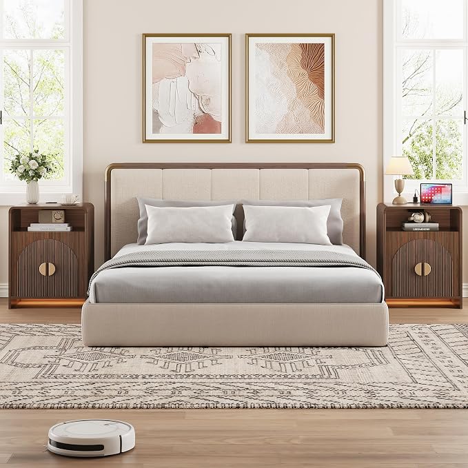 Nightstand with Charging Station and LED Lights, Night Stands with Adjustable Storage Cabinet, Modern Side Table with Fluted Doors and Open Storage, Bedside Table for Bedroom, Walnut