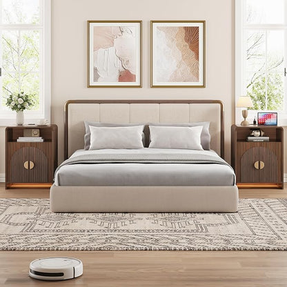 Nightstand with Charging Station and LED Lights, Night Stands with Adjustable Storage Cabinet, Modern Side Table with Fluted Doors and Open Storage, Bedside Table for Bedroom, Walnut