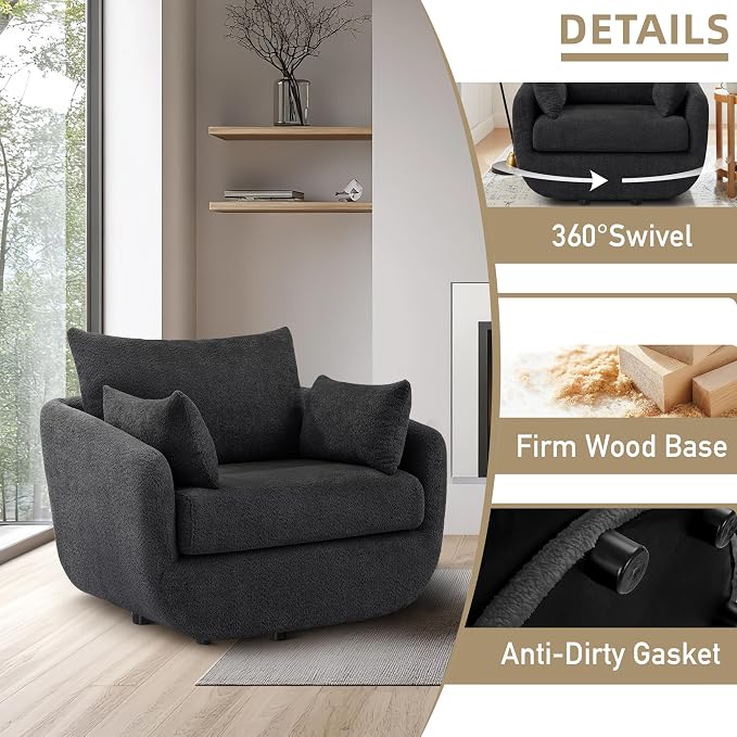 360° Swivel Accent Armchair, 39.3" Oversized, Sherpa Boucle Fabric Sofa Chair with Removable Back & Arm Pillows, Swivel Chair with Cozy Soft Padded (1, Dark Gray)