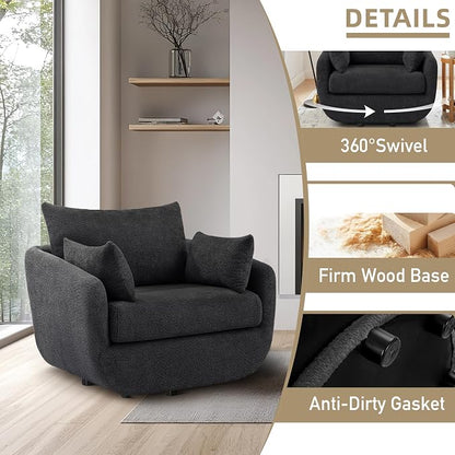 360° Swivel Accent Armchair, 39.3" Oversized, Sherpa Boucle Fabric Sofa Chair with Removable Back & Arm Pillows, Swivel Chair with Cozy Soft Padded (1, Dark Gray)