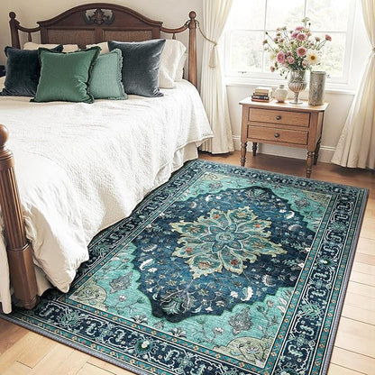RELEANY Area Rugs 5'x7' Washable Non-Slip, Floral Vintage Distress Medallion Carpet for Living Room Bedroom Dining Room, Teal Green Lake Blue Turquoise