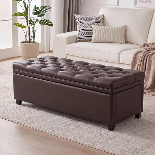 Mangodan Storage Ottoman Bench, Tufted Ottoman with Storage for Living Room, Large End of Bed Ottomans, Modern Entryway Benchs (Faux Leather Dark Brown, 50 Inch)
