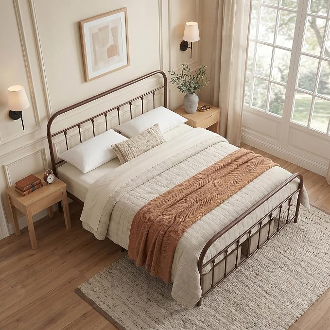 VECELO Purple Bronze Victorian Style Metal Bed Frame with Headboard/Mattress Foundation/No Box Spring Needed/Under Bed Storage and Strong Slat Support Queen Size