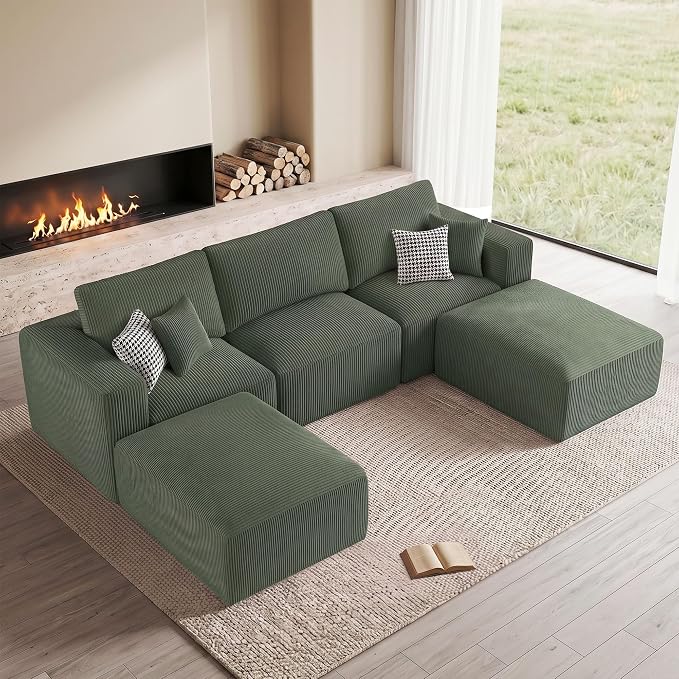 Living&Giving 115" Modular Cloud Boneless Couch, U Shaped Sectional Sofa with Chaise, Corduroy Floor Couch for Living Room, High-Density Foam & Firm Lumbar Support for Apartment,Green