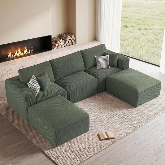 Living&Giving 115" Modular Cloud Boneless Couch, U Shaped Sectional Sofa with Chaise, Corduroy Floor Couch for Living Room, High-Density Foam & Firm Lumbar Support for Apartment,Green