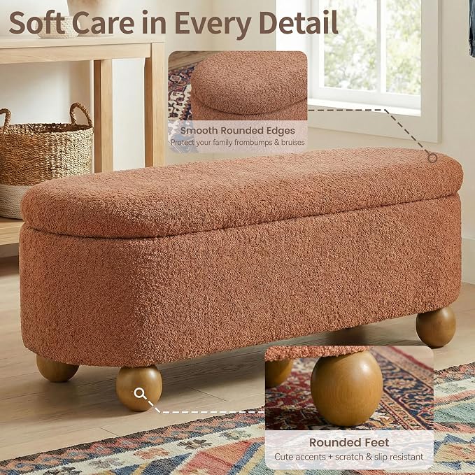 VKNOW 44.8" Storage Ottoman Bench End of Bed Bench, Thickened Upholstered Blanket Chest for Living Room, Entryway Bench with Hinge and Cute Spherical Solid Wood Stool Legs for Bedroom, Orange
