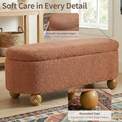 VKNOW 44.8" Storage Ottoman Bench End of Bed Bench, Thickened Upholstered Blanket Chest for Living Room, Entryway Bench with Hinge and Cute Spherical Solid Wood Stool Legs for Bedroom, Orange