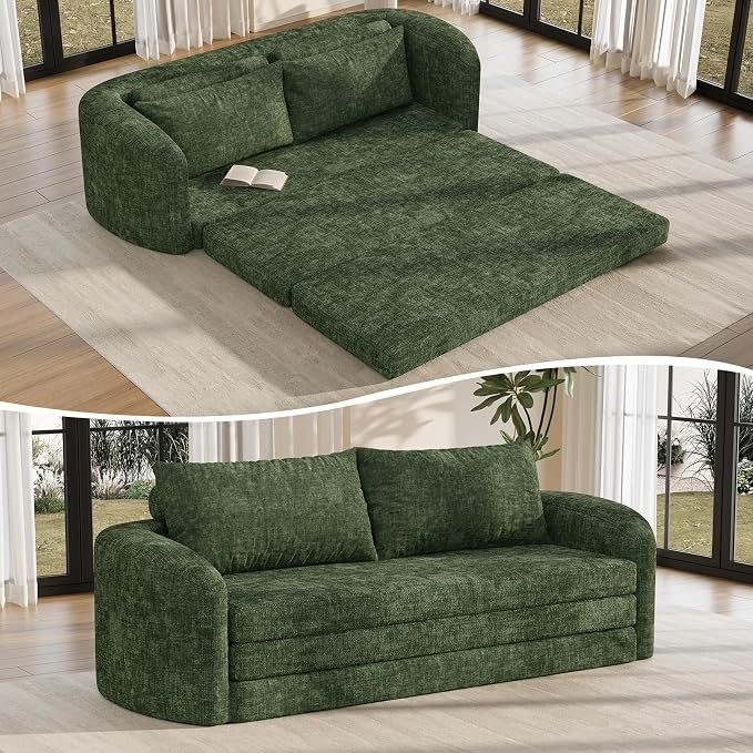 Vesgantti 86.6" Futon Convertible Sofa Bed, 3 in 1 Folding Sleeper Pull Out Couch with Curved Armrest, Modern Chenille Modular Sectional Boneless Couch for Living Room, No Assembly Required, Green