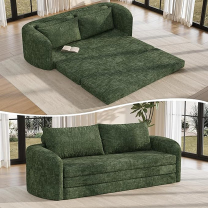 Vesgantti 86.6" Futon Convertible Sofa Bed, 3 in 1 Folding Sleeper Pull Out Couch with Curved Armrest, Modern Chenille Modular Sectional Boneless Couch for Living Room, No Assembly Required, Green