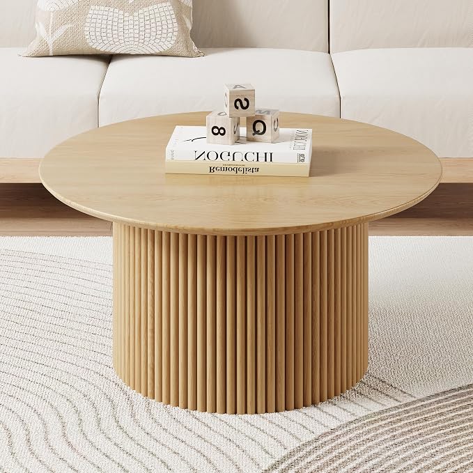 31.5" Round Coffee Table, Modern Fluted Accent Center Table with Metal Frame, Wooden Circle Coffee Tables for Living Room Small Space or Office (Natural)