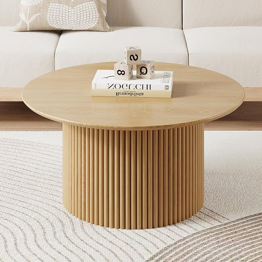 31.5" Round Coffee Table, Modern Fluted Accent Center Table with Metal Frame, Wooden Circle Coffee Tables for Living Room Small Space or Office (Natural)