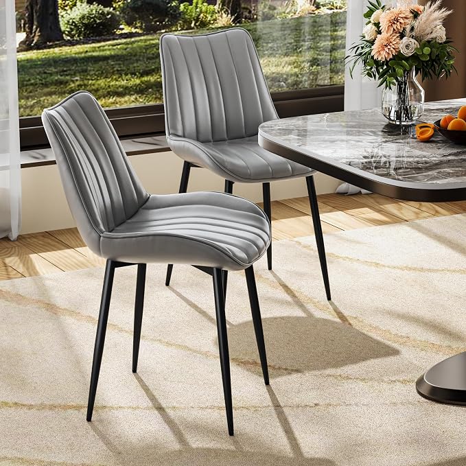 VECELO Dining Chairs Set of 4, Vegan Leather Fabric & Metal Frame, Mordern Style for Kitchen, Living Room,Offcie，Light Grey