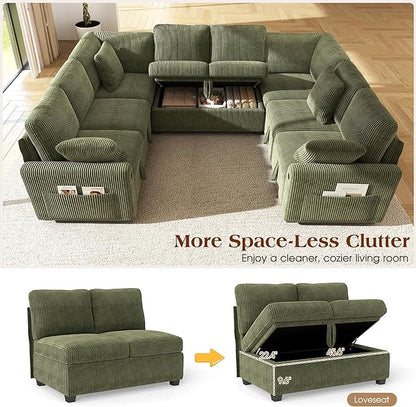 Ihanherry 8-Seater Large Sectional Sofa Bed with Storage Lovescat, Corduroy Modular Sleeper Sofa with USB Port & 6 Pillows, 110" U-Shaped Convertible Couch for Large Living Room（Green）