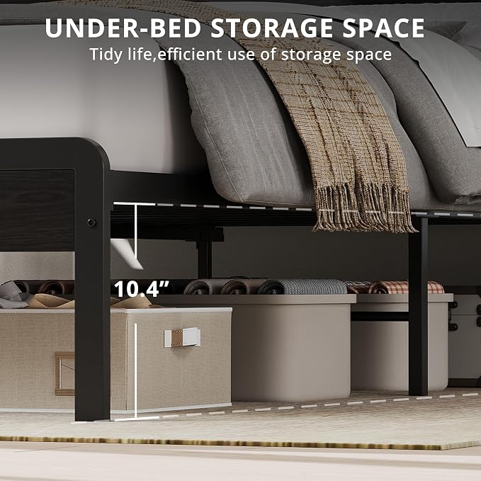 LIKIMIO Queen Bed Frame with Headboard, Dark Wood Camas Queen with Strong Supports, Sturdy, Noise-Free, No Box Spring Needed, Classic Black
