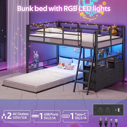 busyaeh Bunk Bed Twin Over Twin,8 Drawers & 4 shelve,15" H Safety Guardrail | Low Bunk Bed with LED Light,Metal L-Shaped Twin Bunk Bed with Charging Station,Floor Bunk Bed with Ladder,Twin bunk bed Black
