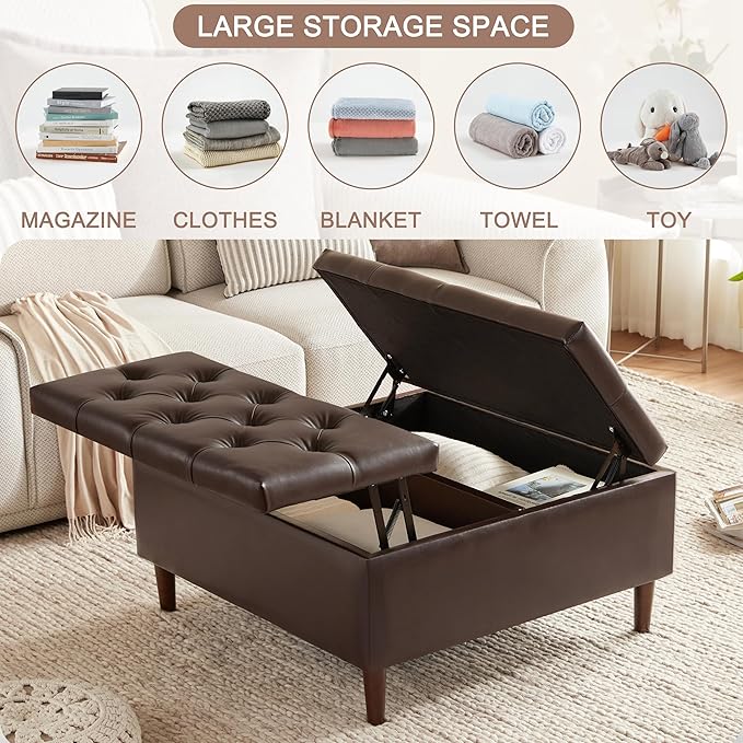 Weture 35 Inch Extra Large Storage Ottoman Coffee Table, No Assembly Required, Oversized Square Ottoman with Storage, Tufted Upholstered Ottomans Coffee Table for Living Room (Leather, Brown)