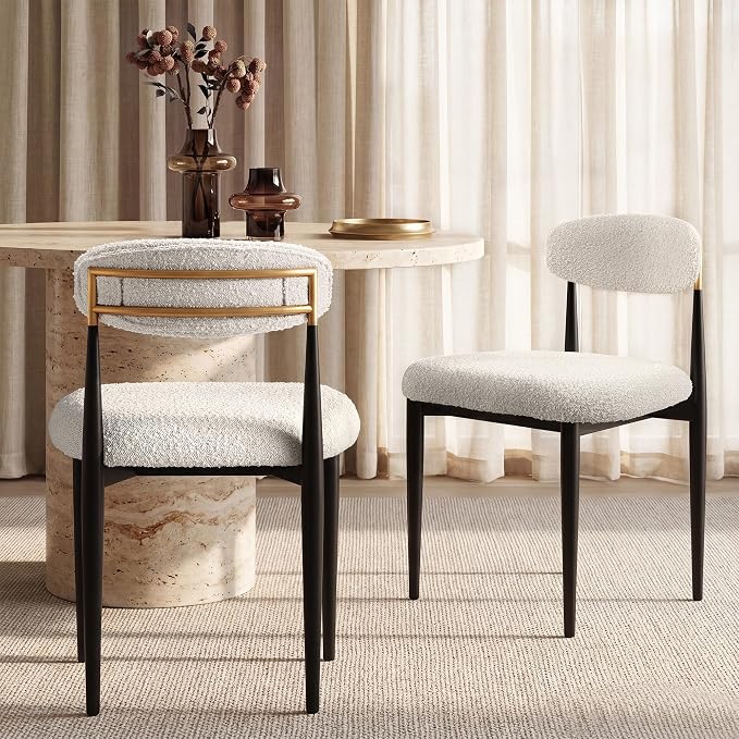 Morden Fort Upholstered Dining Chairs Set of 2, Modern Boucle Kitchen Chairs with Curved Backs and Black Metal Legs for Dining Room and Kitchen, White