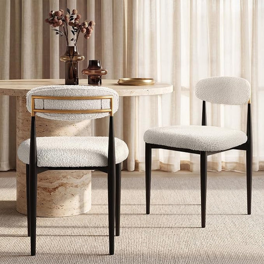 Morden Fort Upholstered Dining Chairs Set of 2, Modern Boucle Kitchen Chairs with Curved Backs and Black Metal Legs for Dining Room and Kitchen, White