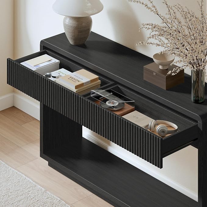 Evermagin 59'' Charcoal Black Entryway Table with Drawers, Fluted Console Table, Mid Century Modern Sofa Table with Storage for Living Room, Entrance, Hallway