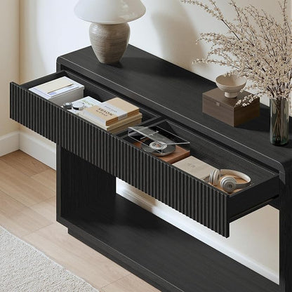 Evermagin 59'' Charcoal Black Entryway Table with Drawers, Fluted Console Table, Mid Century Modern Sofa Table with Storage for Living Room, Entrance, Hallway