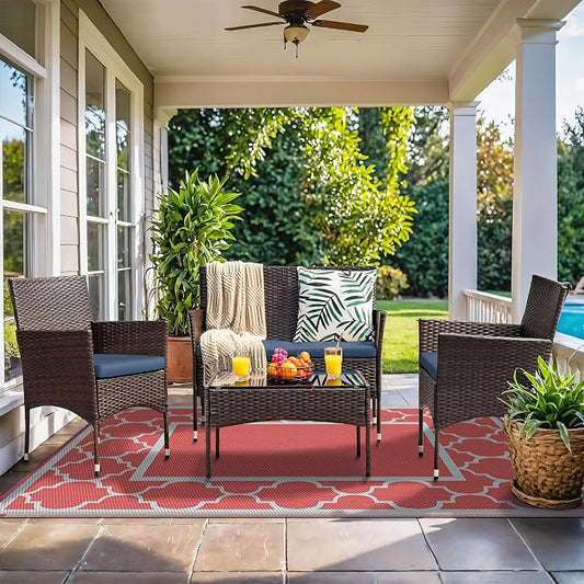GENIMO 6' x 9' Outdoor Rug Waterproof for Patio Decor, Foldable Reversible Plastic Straw Area Rugs Mat for Camper, Outside Carpet for Rv, Deck, Porch, Picnic, Beach, Balcony, Red & Grey