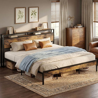 LIKIMIO King Size Bed Frame, Platform Bed with 2-Tier Storage Headboard | Metal Bed Frame, Solid and Stable, Noise Free, No Box Spring Needed, Easy Assembly, Durable, Industrial Brown