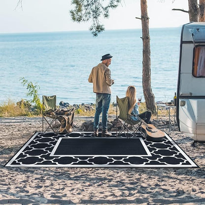 GENIMO 5' x 8' Outdoor Rug Waterproof for Patio Decor, Foldable Reversible Plastic Straw Area Rugs Mat for Camper, Outside Carpet for Rv, Deck, Porch, Picnic, Beach, Balcony, Black & White