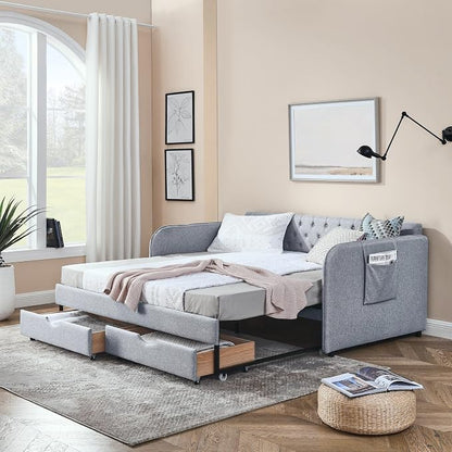 KEIKI Twin Size Upholstery Daybed with Trundle and 2 Drawers, Twin to King Design Mid-Century Style Extendable Sofa Bed, Easy Assembly, No Box Spring Required, for Living Room, Grey