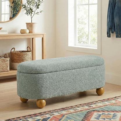 VKNOW 44.8" Storage Ottoman Bench End of Bed Bench, Thickened Upholstered Blanket Chest for Living Room, Entryway Bench with Cute Spherical Solid Wood Stool Legs for Bedroom, Light Green