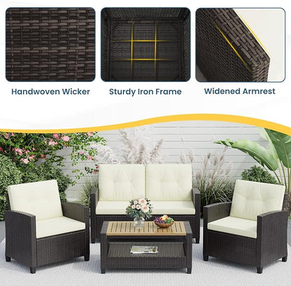 Wisteria Lane 4 Piece Patio Furniture Set, Wicker Outdoor Patio Conversation Furniture Set, All Weather Outdoor Patio Sofa with Cushion and Wood Table, Beige Wood