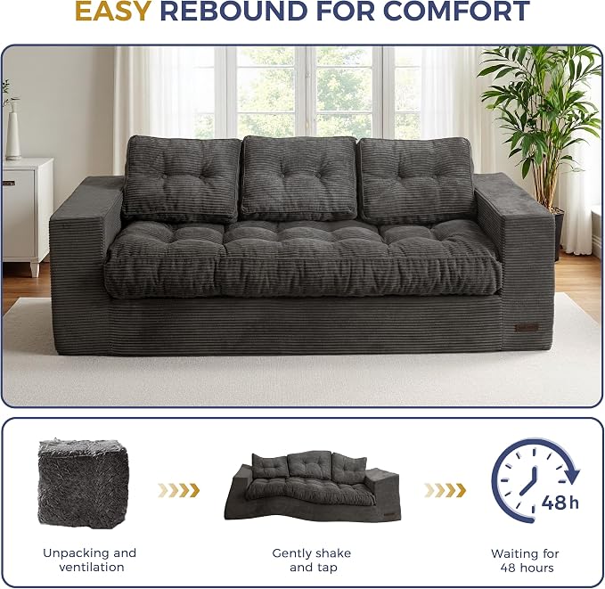MAXYOYO Oversized Loveseat Sofa Couch, Upholstered Bean Bag Chair Cloud 3-Seat for Adults, Boneless Couch with Tufted Cushion & Pillows, Sofa in A Box, No Assembly Required, Dark Grey