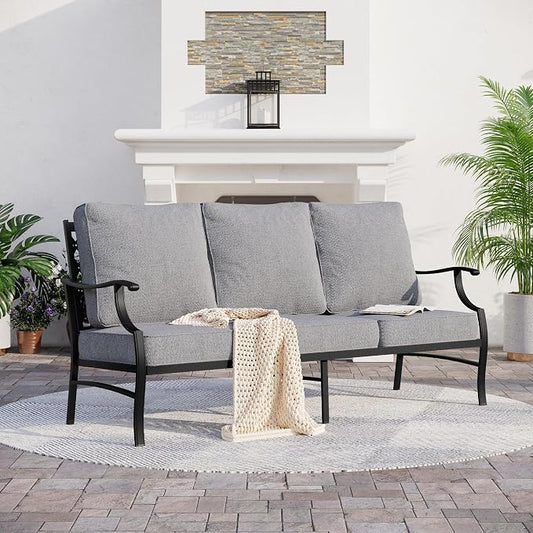 SUNSHINE VALLEY Metal Patio Sofa with 5.75" Extra Thick Waterproof Cushion, 3-Seater High-Back Outdoor Couch All Weather Outdoor Seating for Backyard Deck Front Porch, Gray