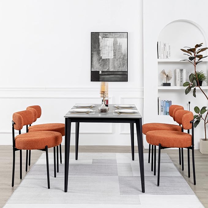 DYHOME Boucle Dining Chairs Set of 4, Upholstered Kitchen Dining Room Chairs, Side Chairs with Thick Cushions and Metal Legs for Kitchen Living Room, Orange