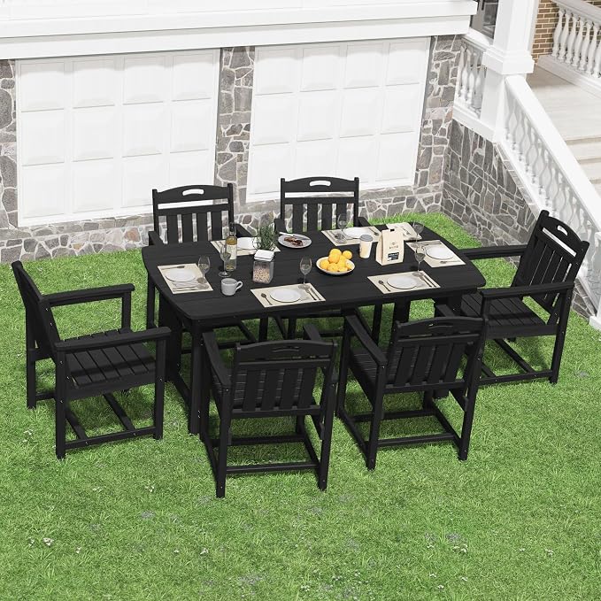 HDPE Outdoor Dining Set, Patio Table and Chairs Set, All-Weather 7-Piece Outside Table and 6 Chairs, 2" Umbrella Hole, Outdoor Furniture for Garden, Poolside, Backyard, Deck | Black