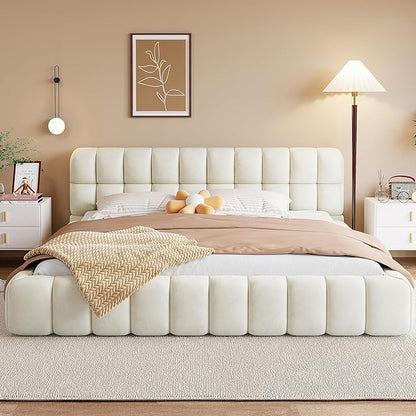King Size Upholstered Platform Bed with Thick Fabric,Low Wood Grounded Bed W/Headboard & Footboard,Slat Support,No Box Spring Needed, Easy Assemble,Beige