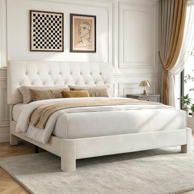 Full Size Bed Frame with Headboard, Luxury Velvet Fabric Upholstered Bed frame with Button Tufted Design, Strong Wooden Slats Support - Low & Sturdy, Noise-Free, No Box Spring, Easy Assembly, Beige | Plush velvet