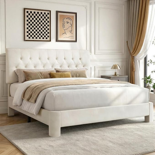 Full Size Bed Frame with Headboard, Luxury Velvet Fabric Upholstered Bed frame with Button Tufted Design, Strong Wooden Slats Support - Low & Sturdy, Noise-Free, No Box Spring, Easy Assembly, Beige | Plush velvet
