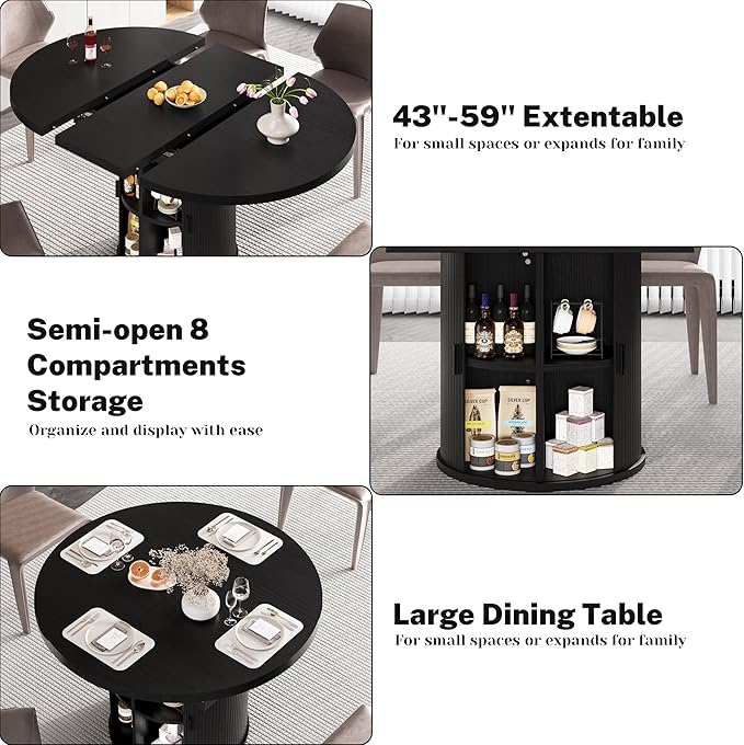 Vipbear Extendable Dining Table 43-59" for 4-6 People, Solid Wood Top with Fluted Slide Door & 8-Compartment Storage, Space Saving Round Dining Room Kitchen Dinner Tables with Pedestal Base (Black)