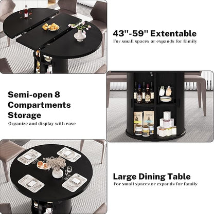 Vipbear Extendable Dining Table 43-59" for 4-6 People, Solid Wood Top with Fluted Slide Door & 8-Compartment Storage, Space Saving Round Dining Room Kitchen Dinner Tables with Pedestal Base (Black)