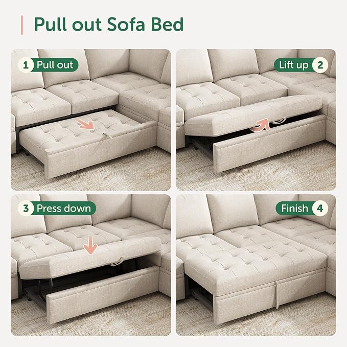 HONBAY Modular Sectional Sleeper Sofa with Pull Out Bed, Linen Convertible Sectional Couches for Living Room,Beige