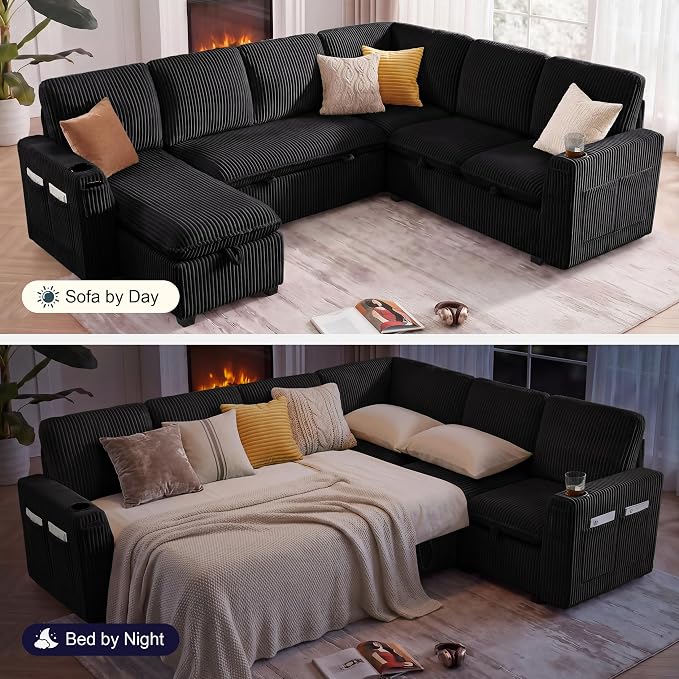 Sectional Sleeper Sofa with Pull Out Bed, Plush Corduroy 7 Seat Modular Sectional Sofa with Storage Chaise and Adjustable Backrest, Cloud Couches for Living Room, Apartment, Black