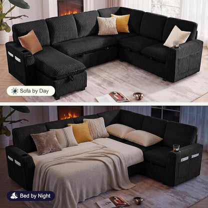 Sectional Sleeper Sofa with Pull Out Bed, Plush Corduroy 7 Seat Modular Sectional Sofa with Storage Chaise and Adjustable Backrest, Cloud Couches for Living Room, Apartment, Black