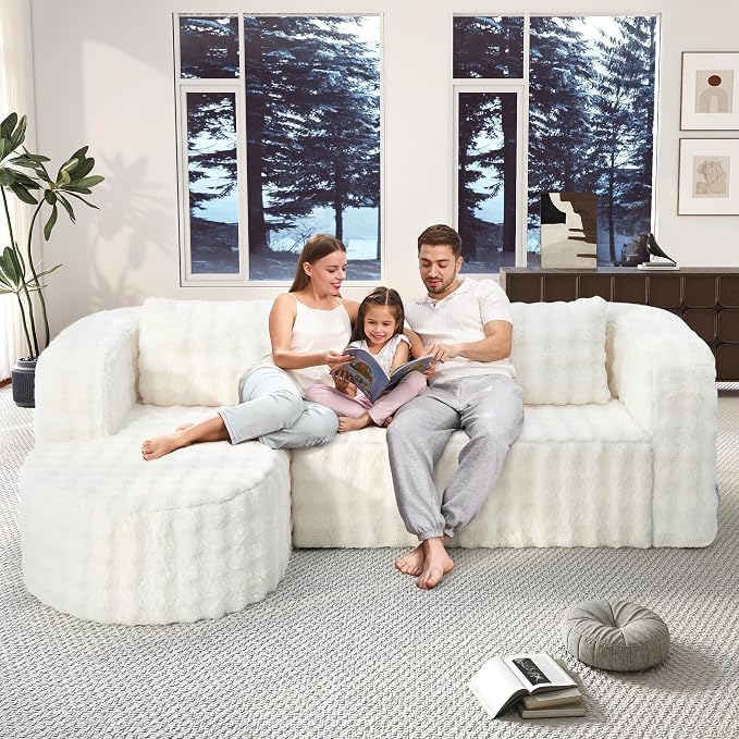 Hobestluk Modular Sectional Sofa Couches L-Shape Couch 3 Seat Modular Sofa Memory Foam Sectional Couches for Living Room, Cloud Couch (Round Eider White, 96", Left Hand Facing)