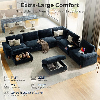 SITJOY Large Cloud Couch, 138" Wide 8 Seat V Shaped with Console, Navy Blue | Detachable and Washable Chenille Cover Sectional Sofas for Living Room, Deep Seat Wide Couch with Chaise, Storage Ottoman