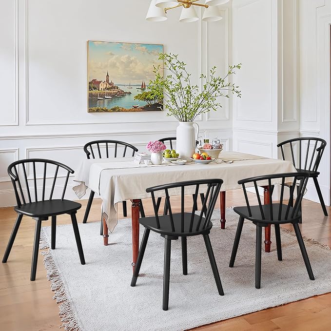 LUE BONA Black Dining Chairs Set of 6, Farmhouse Wood Dining Chairs with Semicircular Backrest, Spindle Dining Chair for Kitchen and Dining Room, 18 Inch