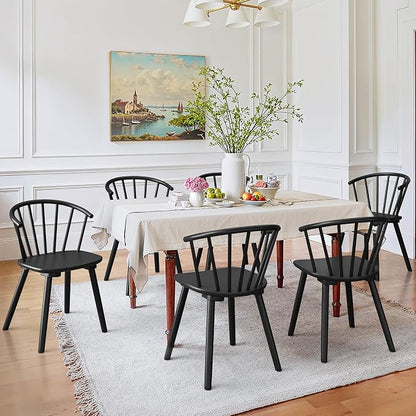 LUE BONA Black Dining Chairs Set of 6, Farmhouse Wood Dining Chairs with Semicircular Backrest, Spindle Dining Chair for Kitchen and Dining Room, 18 Inch