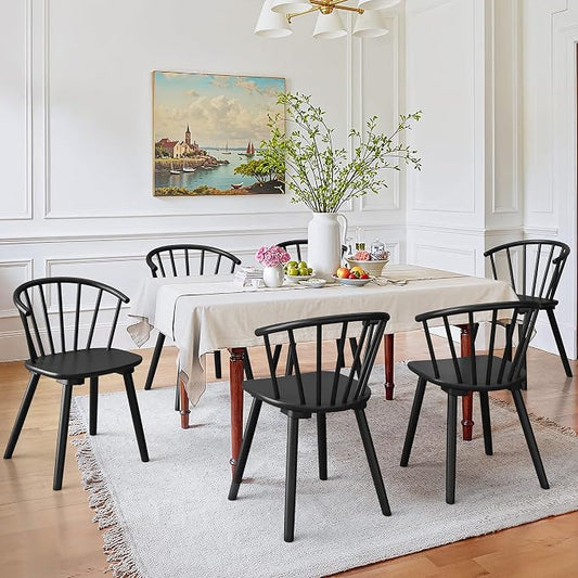 LUE BONA Black Dining Chairs Set of 6, Farmhouse Wood Dining Chairs with Semicircular Backrest, Spindle Dining Chair for Kitchen and Dining Room, 18 Inch
